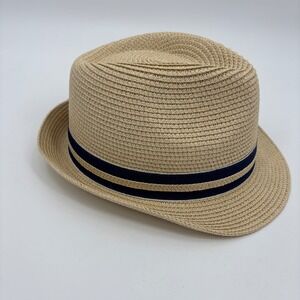Tan Straw Fedora Hat Navy Striped Band Mens XL Preppy Vacation Summer Travel